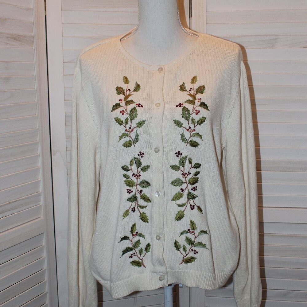 Vintage Lizsport Christmas button front crew-neck cardigan sweater Size Large